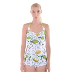 Hamburger With Fruits Seamless Pattern Boyleg Halter Swimsuit 