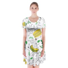 Hamburger With Fruits Seamless Pattern Short Sleeve V-neck Flare Dress