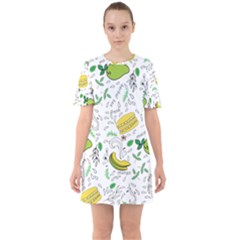 Hamburger With Fruits Seamless Pattern Sixties Short Sleeve Mini Dress