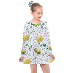 Hamburger With Fruits Seamless Pattern Kids  Long Sleeve Dress