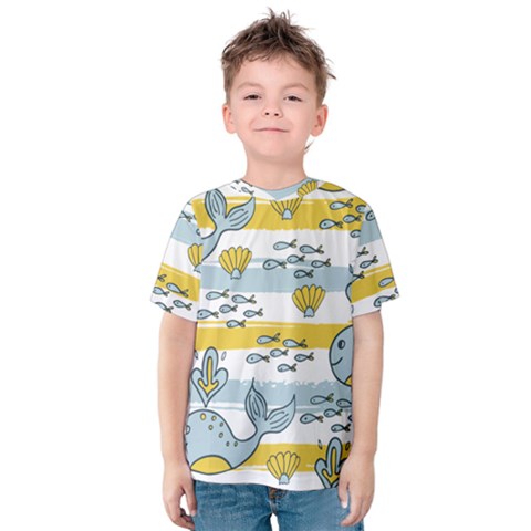 Cartoon Whale Seamless Background Kids  Cotton Tee by Jancukart