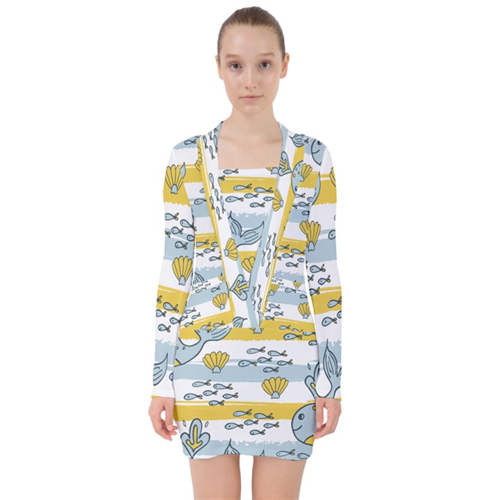 Cartoon Whale Seamless Background V-neck Bodycon Long Sleeve Dress