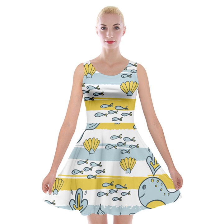 Cartoon Whale Seamless Background Velvet Skater Dress