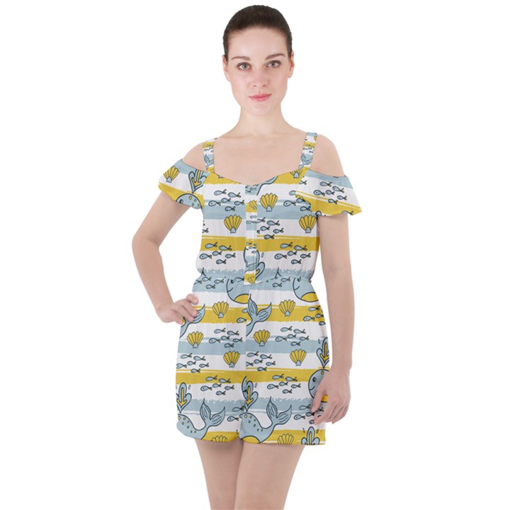 Cartoon Whale Seamless Background Ruffle Cut Out Chiffon Playsuit