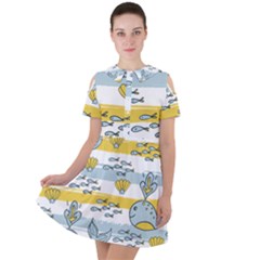 Cartoon Whale Seamless Background Short Sleeve Shoulder Cut Out Dress 