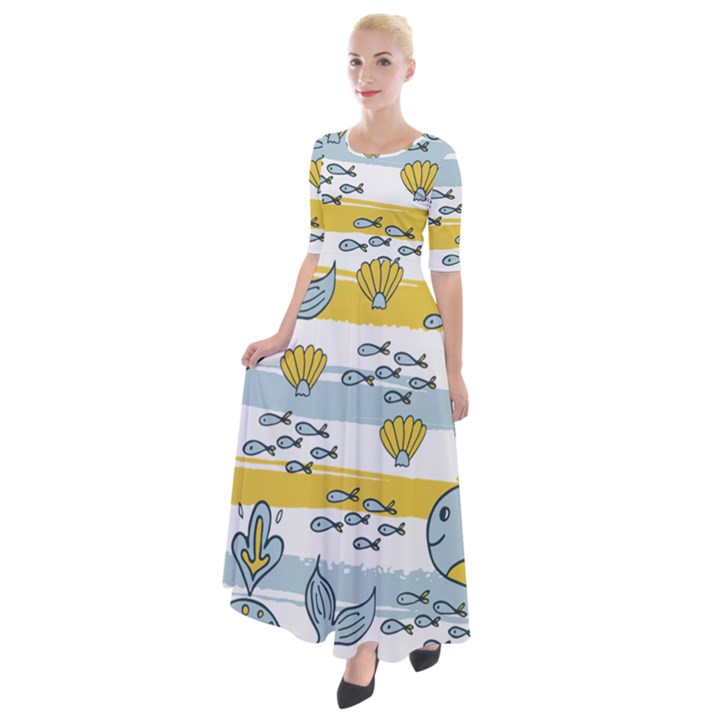 Cartoon Whale Seamless Background Half Sleeves Maxi Dress