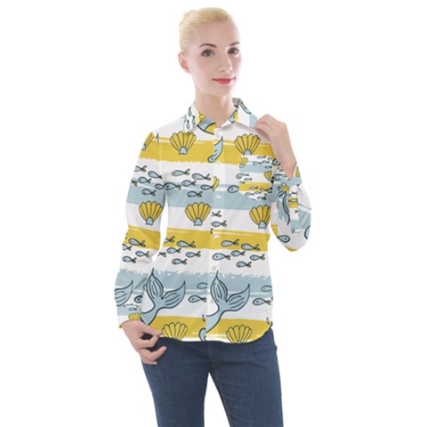 Cartoon Whale Seamless Background Women s Long Sleeve Pocket Shirt by Jancukart