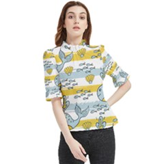 Cartoon Whale Seamless Background Frill Neck Blouse