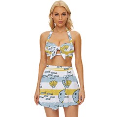 Cartoon Whale Seamless Background Vintage Style Bikini Top And Skirt Set 