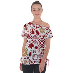 Pizza Seamless Pattern Background Off Shoulder Tie-up Tee