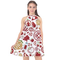 Pizza Seamless Pattern Background Halter Neckline Chiffon Dress 