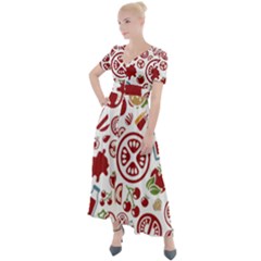 Pizza Seamless Pattern Background Button Up Short Sleeve Maxi Dress