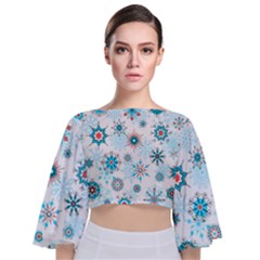 Beautifule Snowflake Decorative Pattern Seamless Tie Back Butterfly Sleeve Chiffon Top