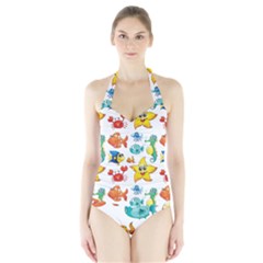 Fish Ocean Water Sea Life Seamless Background Halter Swimsuit