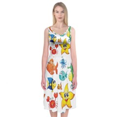 Fish Ocean Water Sea Life Seamless Background Midi Sleeveless Dress