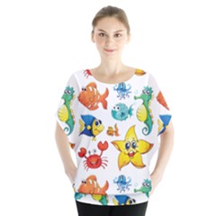 Fish Ocean Water Sea Life Seamless Background Batwing Chiffon Blouse