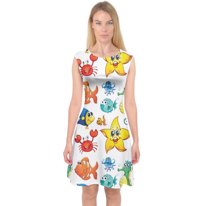 Fish Ocean Water Sea Life Seamless Background Capsleeve Midi Dress