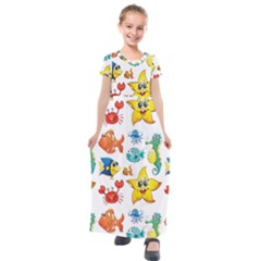 Fish Ocean Water Sea Life Seamless Background Kids  Short Sleeve Maxi Dress