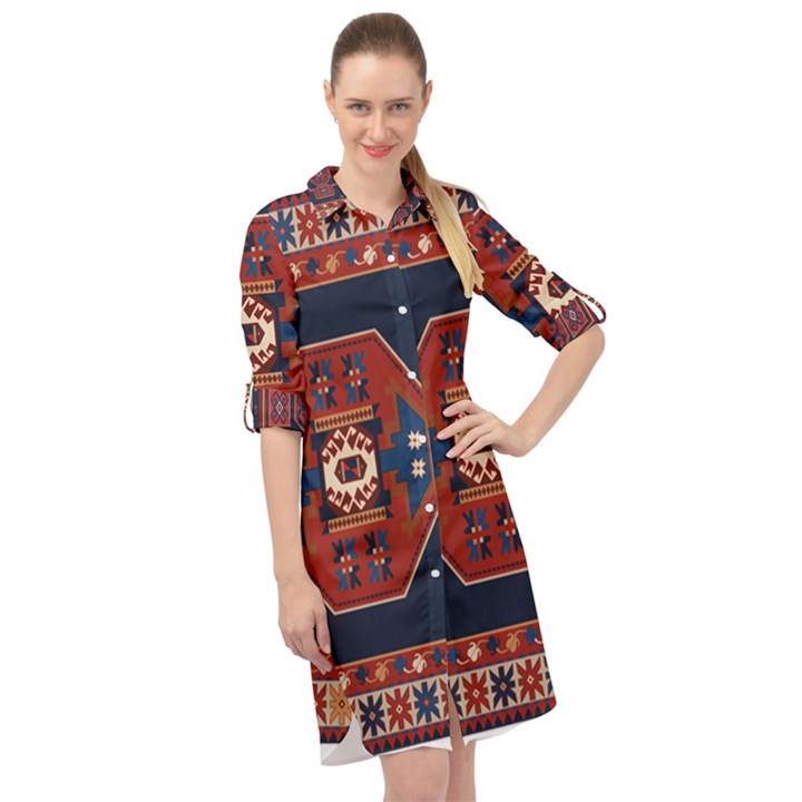 Armenian Carpet Long Sleeve Mini Shirt Dress