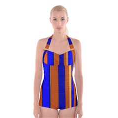 Abstract Blue And Orange 930 Boyleg Halter Swimsuit  by KorokStudios