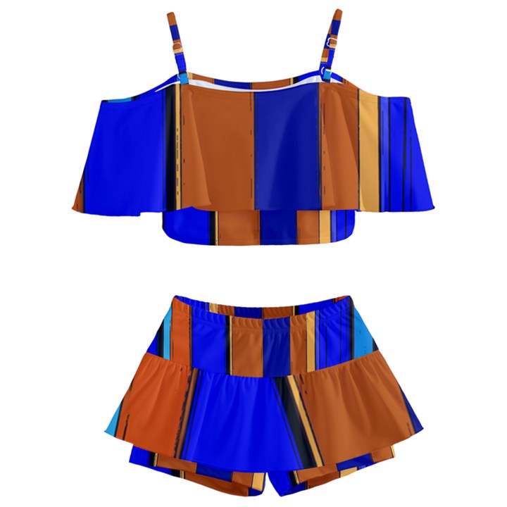 Abstract Blue And Orange 930 Kids  Off Shoulder Skirt Bikini