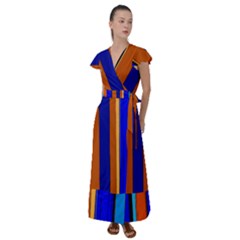 Abstract Blue And Orange 930 Flutter Sleeve Maxi Dress