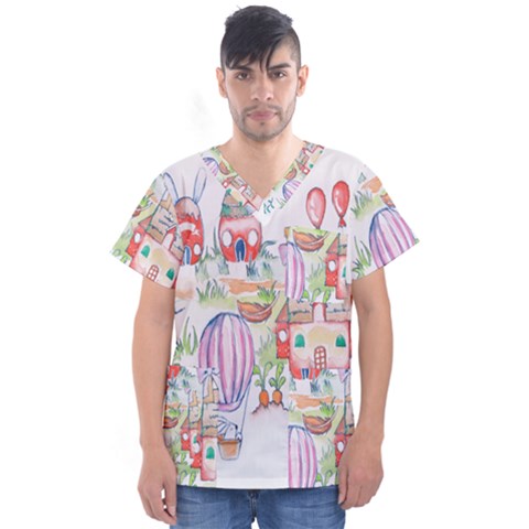 Easter Village  Men s V-neck Scrub Top by ConteMonfrey