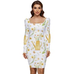 Easter Garden   Women Long Sleeve Ruched Stretch Jersey Dress by ConteMonfrey