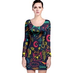 Sketch Graphic Illustration Long Sleeve Velvet Bodycon Dress