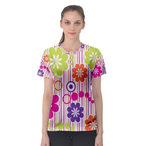 Multicolored Floral Wallpaper Pattern Background Texture Surface Women s Sport Mesh Tee by danenraven