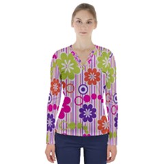 Multicolored Floral Wallpaper Pattern Background Texture Surface V-neck Long Sleeve Top by danenraven