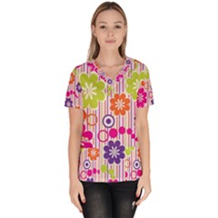 Multicolored Floral Wallpaper Pattern Background Texture Surface Women s V-neck Scrub Top by danenraven