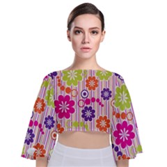 Multicolored Floral Wallpaper Pattern Background Texture Surface Tie Back Butterfly Sleeve Chiffon Top by danenraven