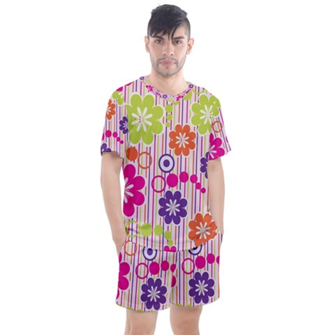 Multicolored Floral Wallpaper Pattern Background Texture Surface Men s Mesh Tee And Shorts Set by danenraven