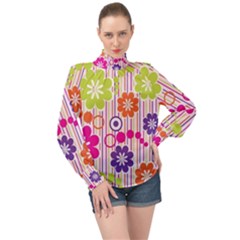 Multicolored Floral Wallpaper Pattern Background Texture Surface High Neck Long Sleeve Chiffon Top by danenraven