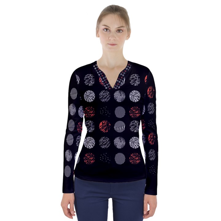 Black And Multicolored Polka Dot Wallpaper Artwork Digital Art V-Neck Long Sleeve Top