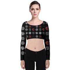 Black And Multicolored Polka Dot Wallpaper Artwork Digital Art Velvet Long Sleeve Crop Top by danenraven