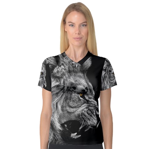 Roar Angry Male Lion Black V-neck Sport Mesh Tee by danenraven