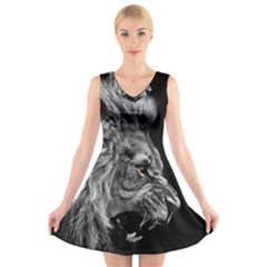 Roar Angry Male Lion Black V-neck Sleeveless Dress by danenraven