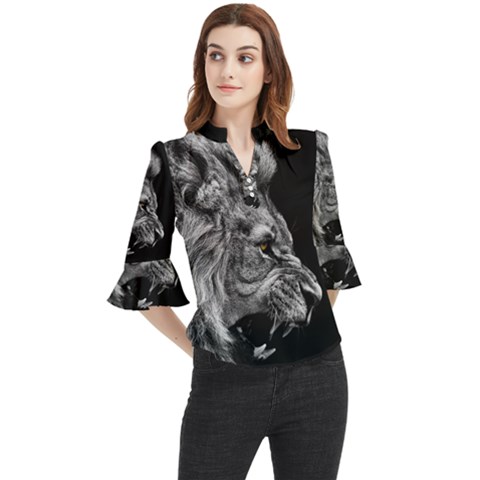 Roar Angry Male Lion Black Loose Horn Sleeve Chiffon Blouse by danenraven