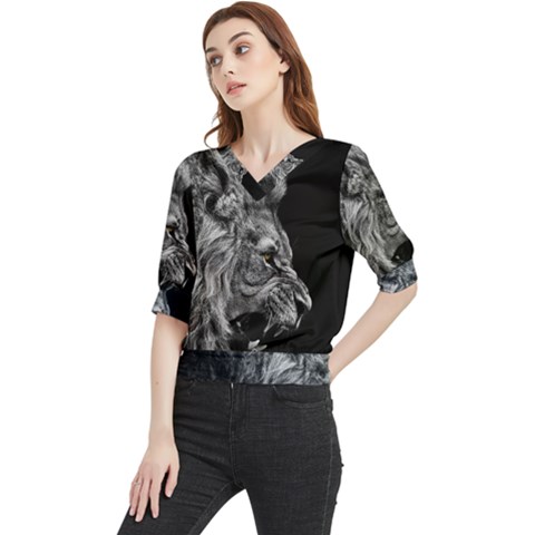 Roar Angry Male Lion Black Quarter Sleeve Blouse by danenraven