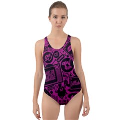 Pink And Black Logo Illustration Cut-out Back One Piece Swimsuit by danenraven