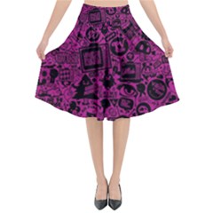 Pink And Black Logo Illustration Flared Midi Skirt