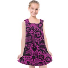 Pink And Black Logo Illustration Kids  Cross Back Dress by danenraven