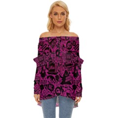 Pink And Black Logo Illustration Off Shoulder Chiffon Pocket Shirt