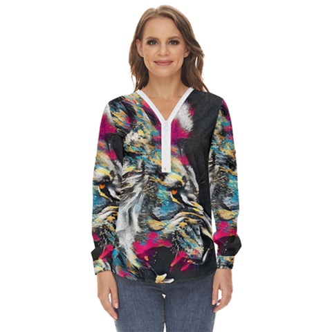 Angry Male Lion Roar Zip Up Long Sleeve Blouse by danenraven