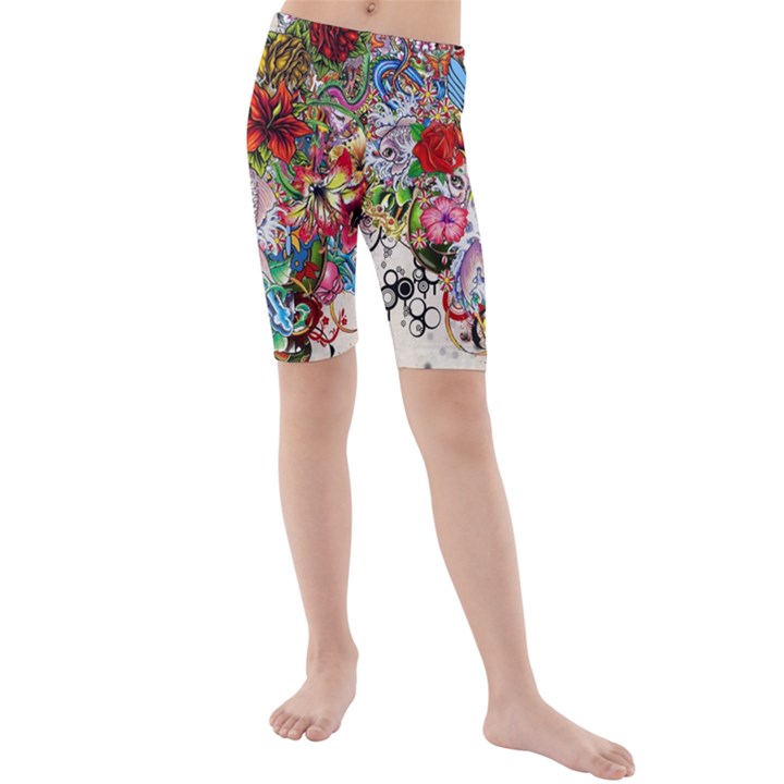 Multicolored Floral Digital Wallpaper Abstract Flowers Heart Free Download Kids  Mid Length Swim Shorts