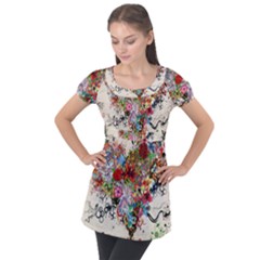 Multicolored Floral Digital Wallpaper Abstract Flowers Heart Free Download Puff Sleeve Tunic Top by danenraven