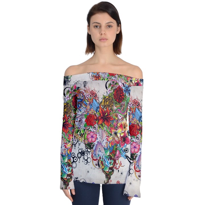 Multicolored Floral Digital Wallpaper Abstract Flowers Heart Free Download Off Shoulder Long Sleeve Top