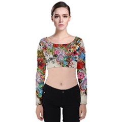 Multicolored Floral Digital Wallpaper Abstract Flowers Heart Free Download Velvet Long Sleeve Crop Top by danenraven